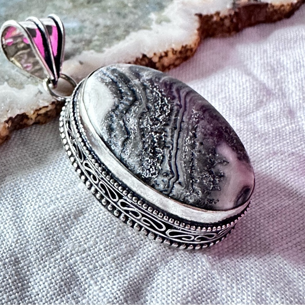Hand Crafted Artisan BLACK RHODOCHROSITE Pendant Necklace High Polished Bezel